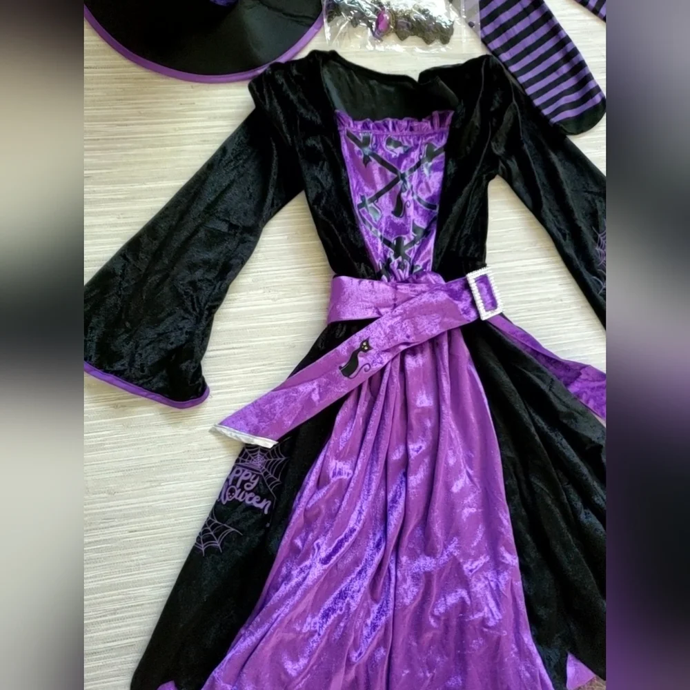 Witch Costume 5pc Halloween Set Small 5-7 Years Dress Belt Hat Choker Leggings